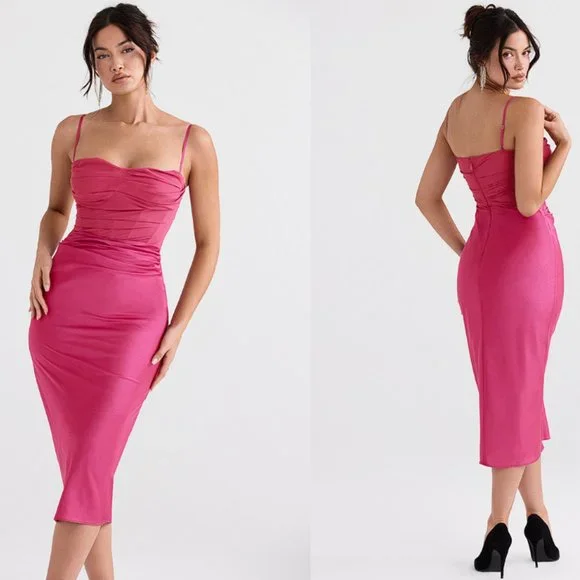 House of CB 'Teia' Hot Pink Draped Corset Midi Dress NWOT - Picture 4 of 11